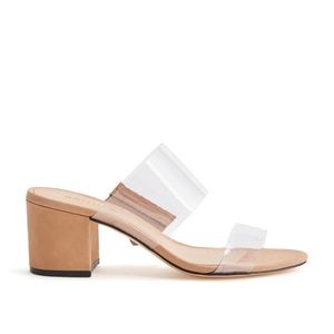 Schultz Tan and Clear Block Heel Sandals